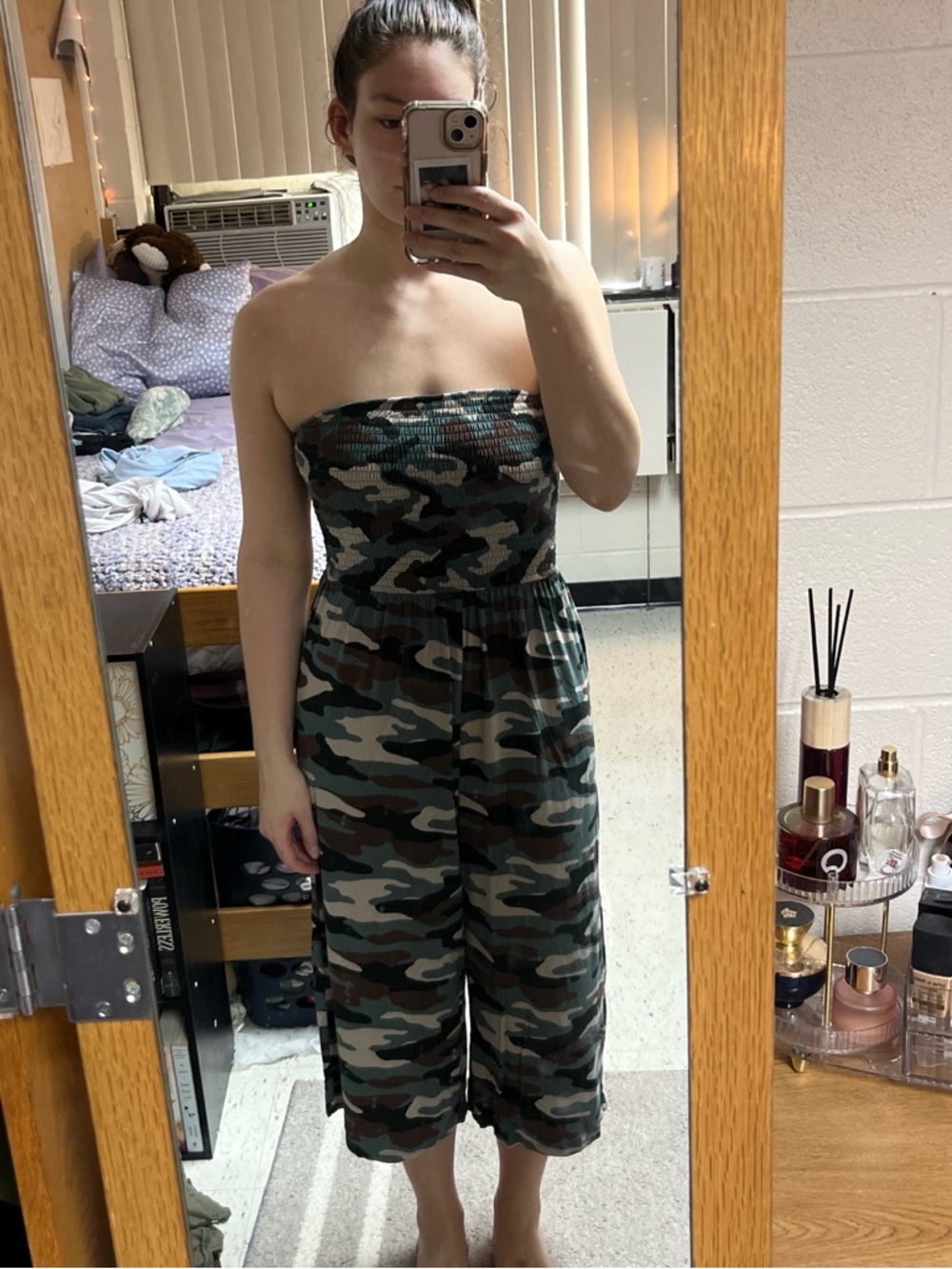 Arizona Jean Company Strapless Camouflage Wide-Leg Jumpsuit - Green/Brown/Black